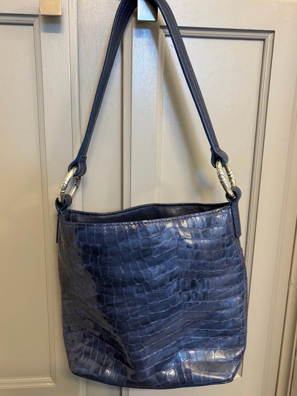 Brighton Blue Croc-Embossed Patent Leather Shoulder Bag